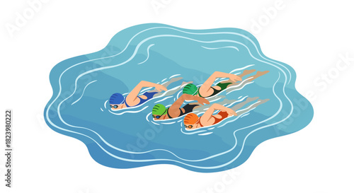 Competitive swimming team illustration with three swimmers in pool - ideal for sports design