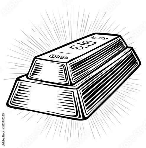 Stylized black and white illustration depicting stacked gold bars for wealth investment and luxury