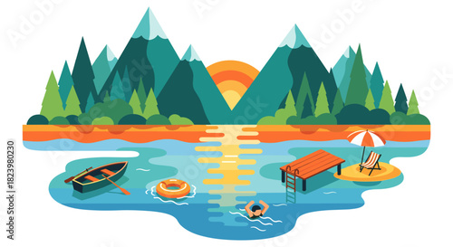 Sunrise over mountain lake scene with swimmer, pier, and boat for summer vacation illustration