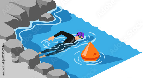 Triathlon swim training and competition with athlete in lake