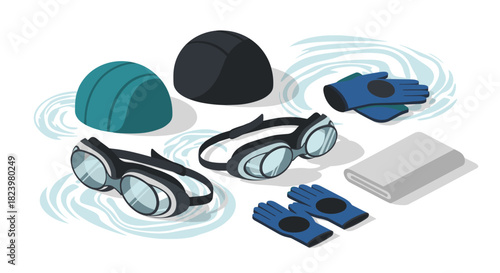 Swimming gear collection with goggles, caps, gloves, and towel for water sports enthusiasts