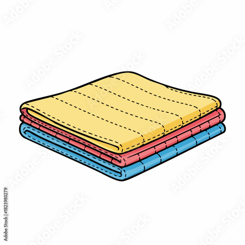 Stack of folded cloths on white background shows neat pile. Three soft folded cloths include yellow, pink, and blue. Illustration folded cloths can be used for textile ads,