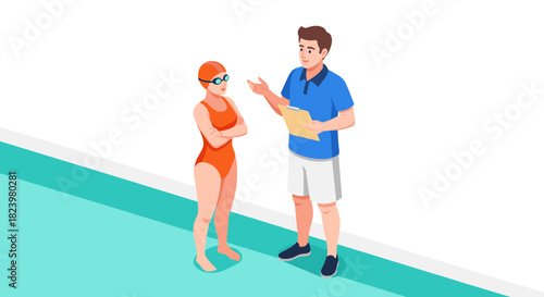 Swim coach discussing strategy with swimmer at poolside - training and guidance concept
