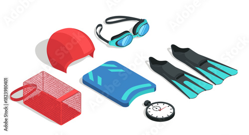 Swimming gear essentials for training and practice: cap, goggles, fins, kickboard, and stopwatch