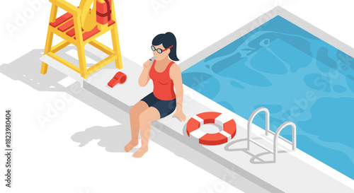 Lifeguard relaxing by poolside with sun lounger and lifesaver - perfect for summer beach designs