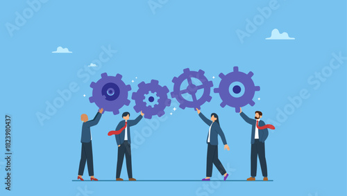 Diverse businessman people connect gear cogwheels together. Work together, teamwork or cooperate to success, solution to team support for best efficiency or productivity, development or organization.