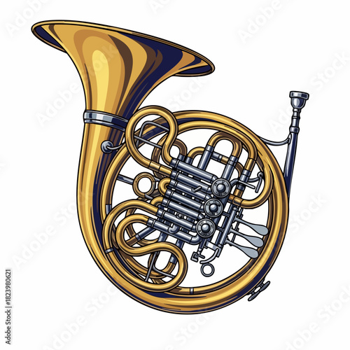 Musical instrument French horn isolated on white is shown here, this French horn is a brass wind instrument used in orchestras and bands.