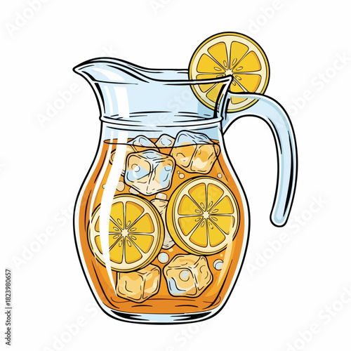 Fresh iced tea in pitcher with lemon slices, a refreshing summer drink. Iced tea with citrus is a cold beverage served in clear glass. Enjoy iced tea in pitcher, ideal for party or cafe menu,