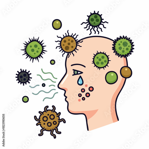 Symptoms of flu depicted with a stylized head showing germs around. This symptoms of flu image represents viruses impacting human health and immunity, a conceptual illustration of illnesses,