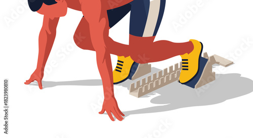 Athlete preparing to sprint at starting block wearing yellow shoes - sports illustration for fitness poster