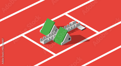 Athletic track starting blocks on red track surface for sports design