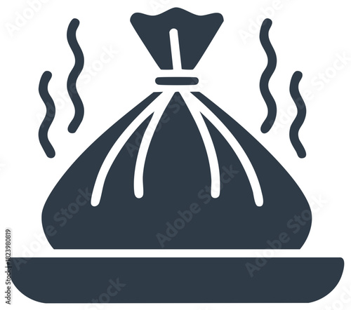 Steaming food pouch or dumpling glyph icon on a plate