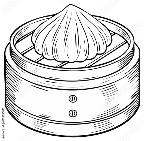Steamed dumpling in bamboo steamer. Asian cuisine illustration. Food vector drawing.