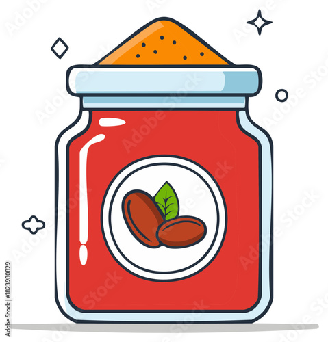Red coffee jar illustration with coffee beans and green leaf label filled with orange granular powder