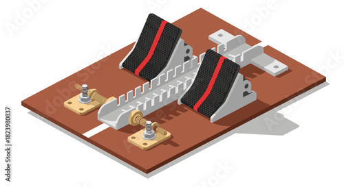 Isometric illustration of mechanical brake pedals with red stripes for engineering design and innovation