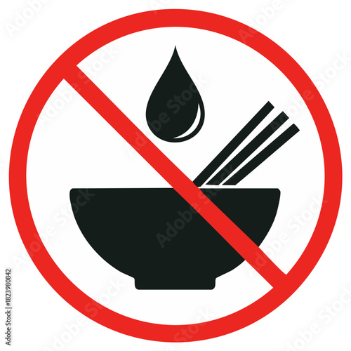 Do Not Add Oil to Food Symbol Asian Food Chopsticks Bowl Oil Drop Round Red Slash Circle Icon Vector