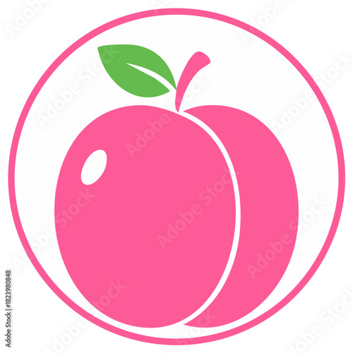 Pink Peach Fruit Symbol with Green Leaf in Circle, Food Icon Design