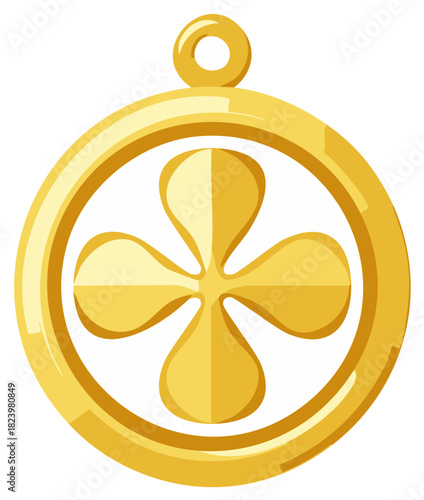 Gold pendant with a four-leaf clover design, circular shape, illustration