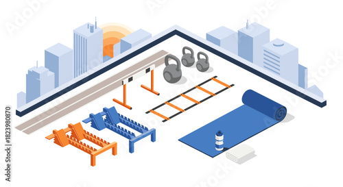 Urban rooftop bootcamp fitness scene at sunrise featuring sports equipment for outdoor training
