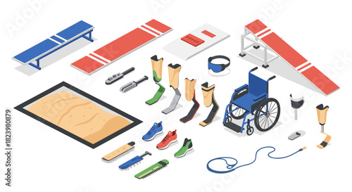 Isometric paralympic sports equipment set with track, prosthetics, and wheelchair for inclusive athletic design