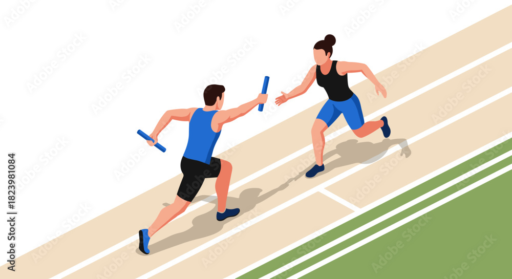 Fototapeta premium Relay race runners passing baton on track - sports competition vector illustration for poster or flyer design