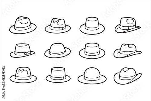 Minimal hat icon set featuring fedoras, cowboy and bowler styles