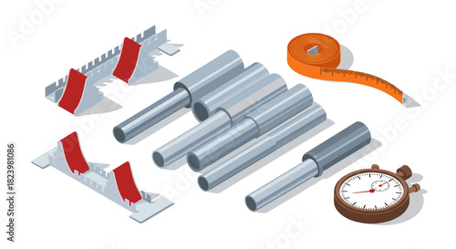 Isometric metalwork tools and stopwatch for precision engineering design