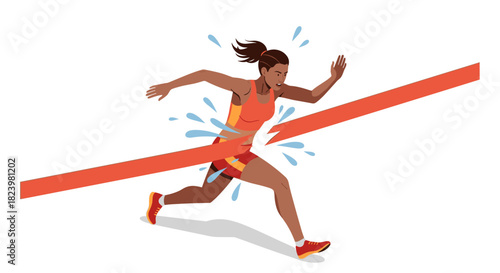 Determined athlete breaking finish line tape in dynamic running pose for motivation and sports enthusiasm