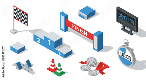 Isometric racing elements with finish line podium stopwatch and checkered flag for sports design