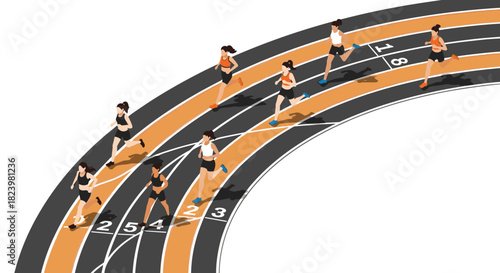 Dynamic track race scene with runners competing on curved path in isometric design