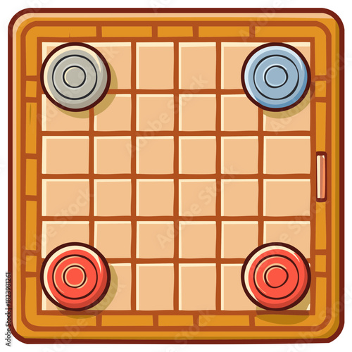Colorful illustration of a board game, featuring four pawns on a wooden-style grid board, top view ready for play