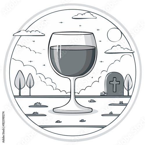 Symbolic hand drawn illustration of a wine glass resting in a quiet cemetery with a cross on a headstone