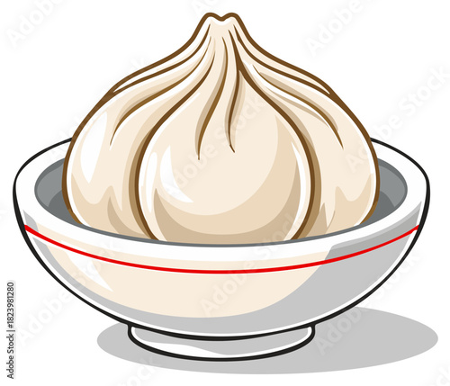 Steamed Asian Dumpling in White Ceramic Bowl with Red Stripe, Traditional Food Illustration