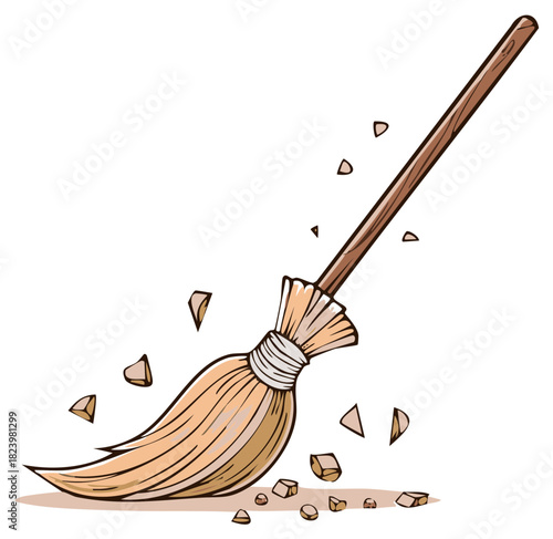 Cartoon Style Broom Sweeping Dust and Debris Cleaning Housework Illustration Graphic
