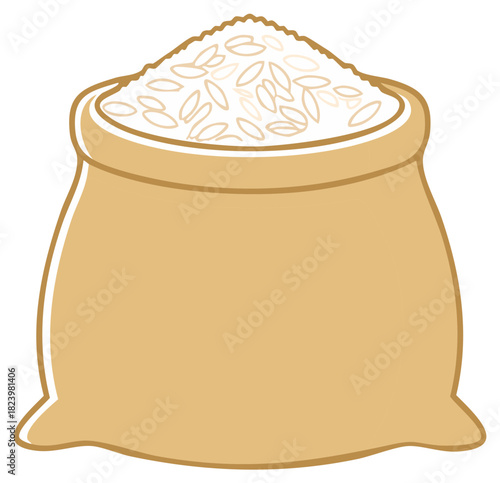 Simple vector illustration of a traditional brown sack filled with a generous amount of raw white rice grains