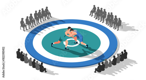 Wrestling match on circular arena with audience - illustration for sports promotion and design