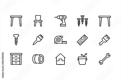 Drill, screws and wood plank graphics for building themes