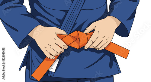 Martial arts belt tying technique in karate uniform for discipline and training