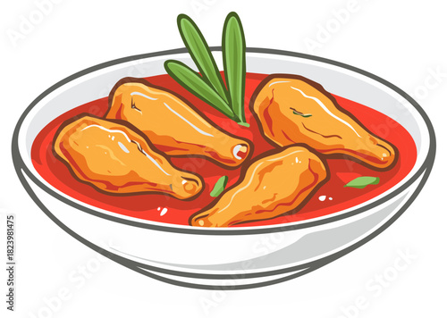 Chicken drumsticks in red sauce bowl with herb garnish illustration