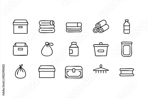 Home storage and organization icon set with boxes and containers