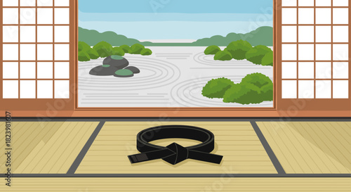 Japanese dojo and zen garden scene with black belt on tatami mat