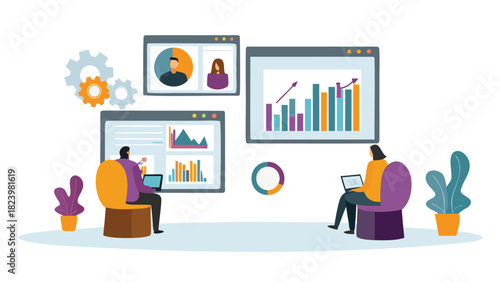 Diverse team of remote workers collaborating virtually on a project using digital devices and online communication tools illustrating modern business and teamwork