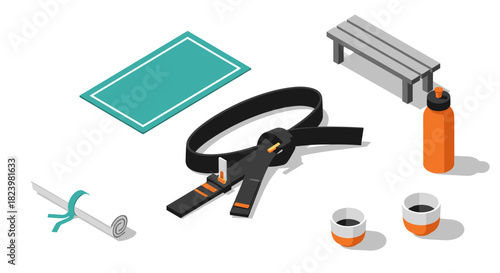 Isometric fitness essentials with yoga mat, black belt, and gym accessories