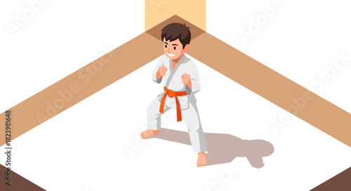 Karate training concept with young boy in white gi and orange belt