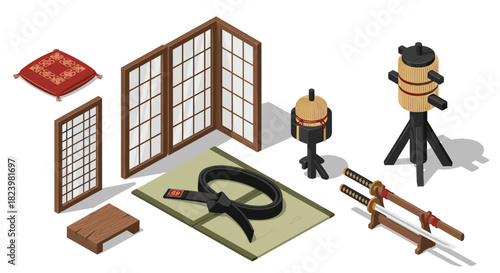 Traditional japanese martial arts equipment isometric set for design and decor