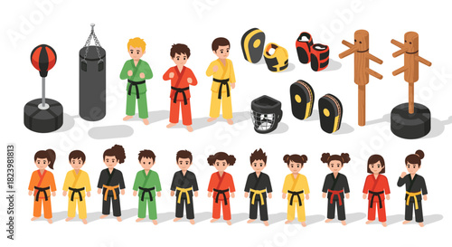Martial arts equipment and cartoon characters in karate uniforms for training design