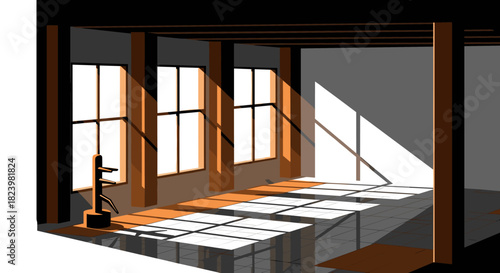 Modern sunlit interior with wooden sculpture and large windows for minimalist design inspiration