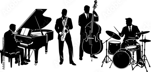  black silhouette illustration of a jazz quartet performing on a white background