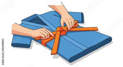 Gift wrapping technique illustration with bow design for decorative presents