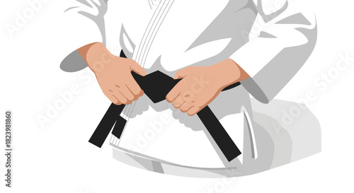 Martial arts enthusiast tying black belt in traditional karate gi - perfect for fitness and discipline themes